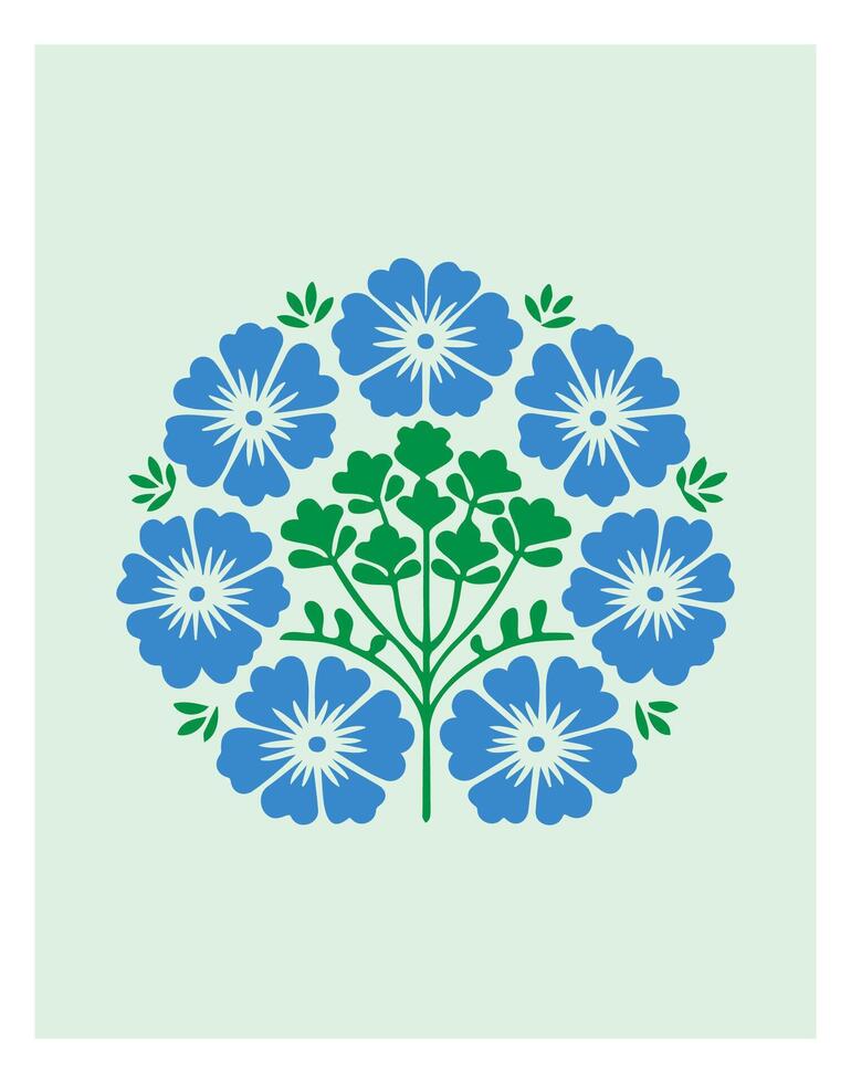 Colorful flower illustration featuring a round arrangement of blue floral elements surrounded by a soft green backdrop. Modern botanical poster. vector