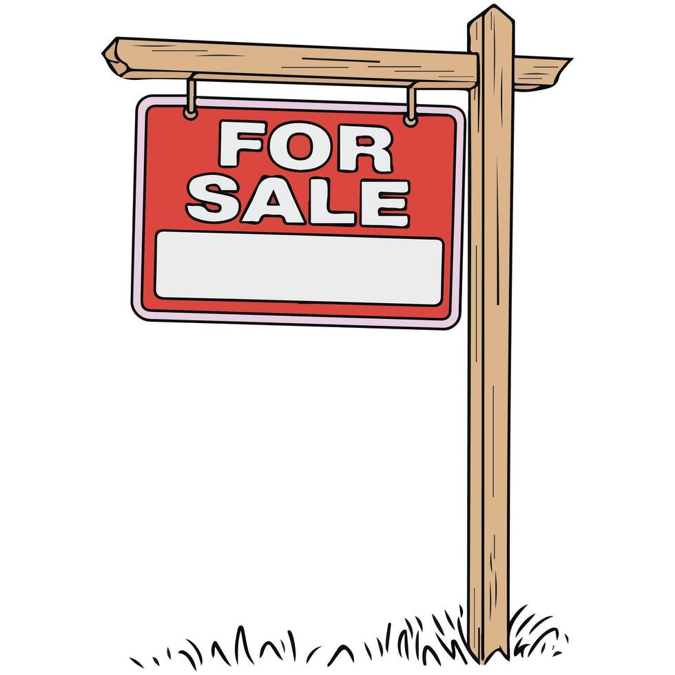 Red and white real estate sign hanging on wooden fence vector