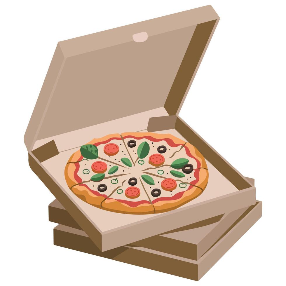 Cardboard pizza box with melted cheese and fresh toppings vector