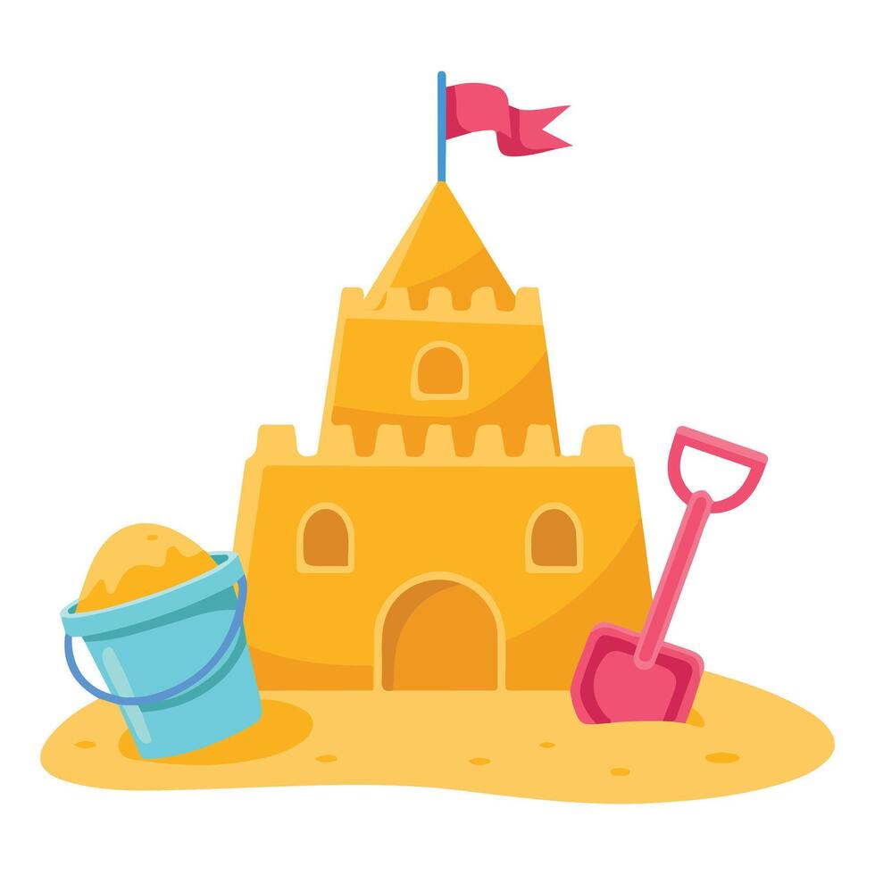 Sandy beach castle with bucket and shovel toy vector