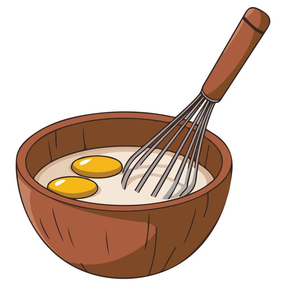 Whisking egg yolk in wooden mixing bowl isolated vector