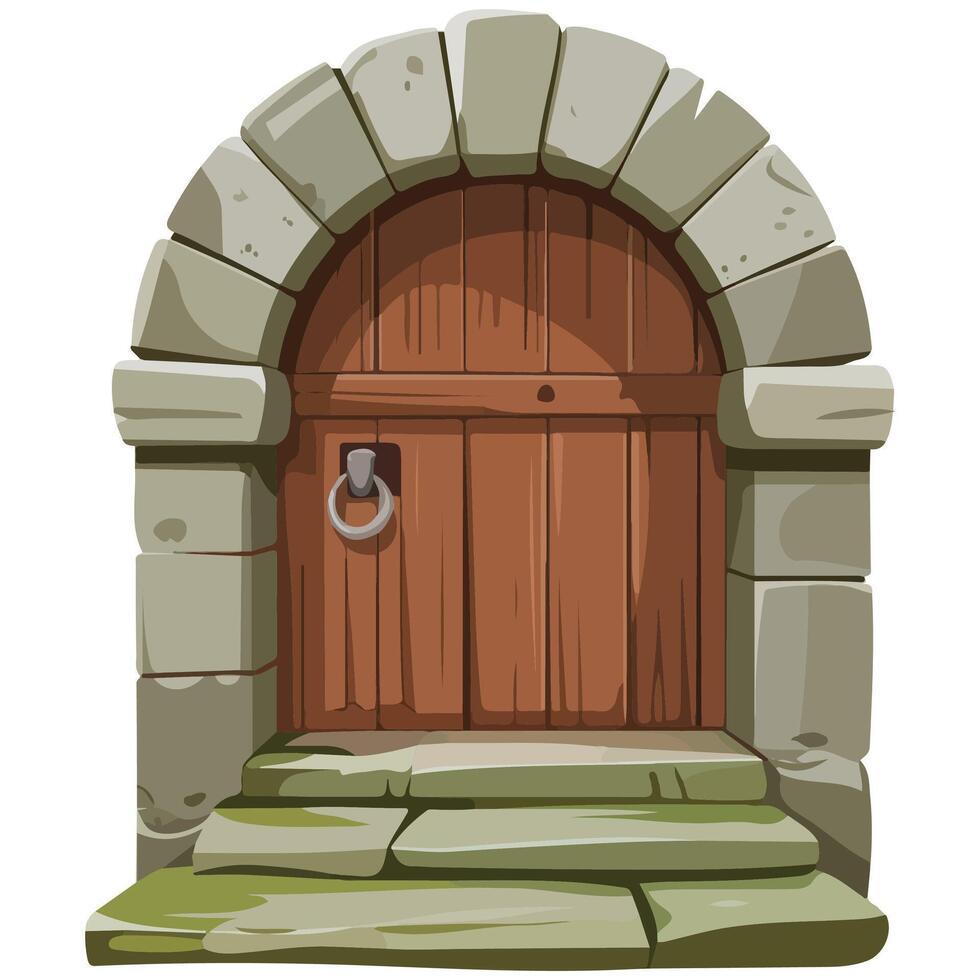 Stone castle archway with wooden door entrance vector