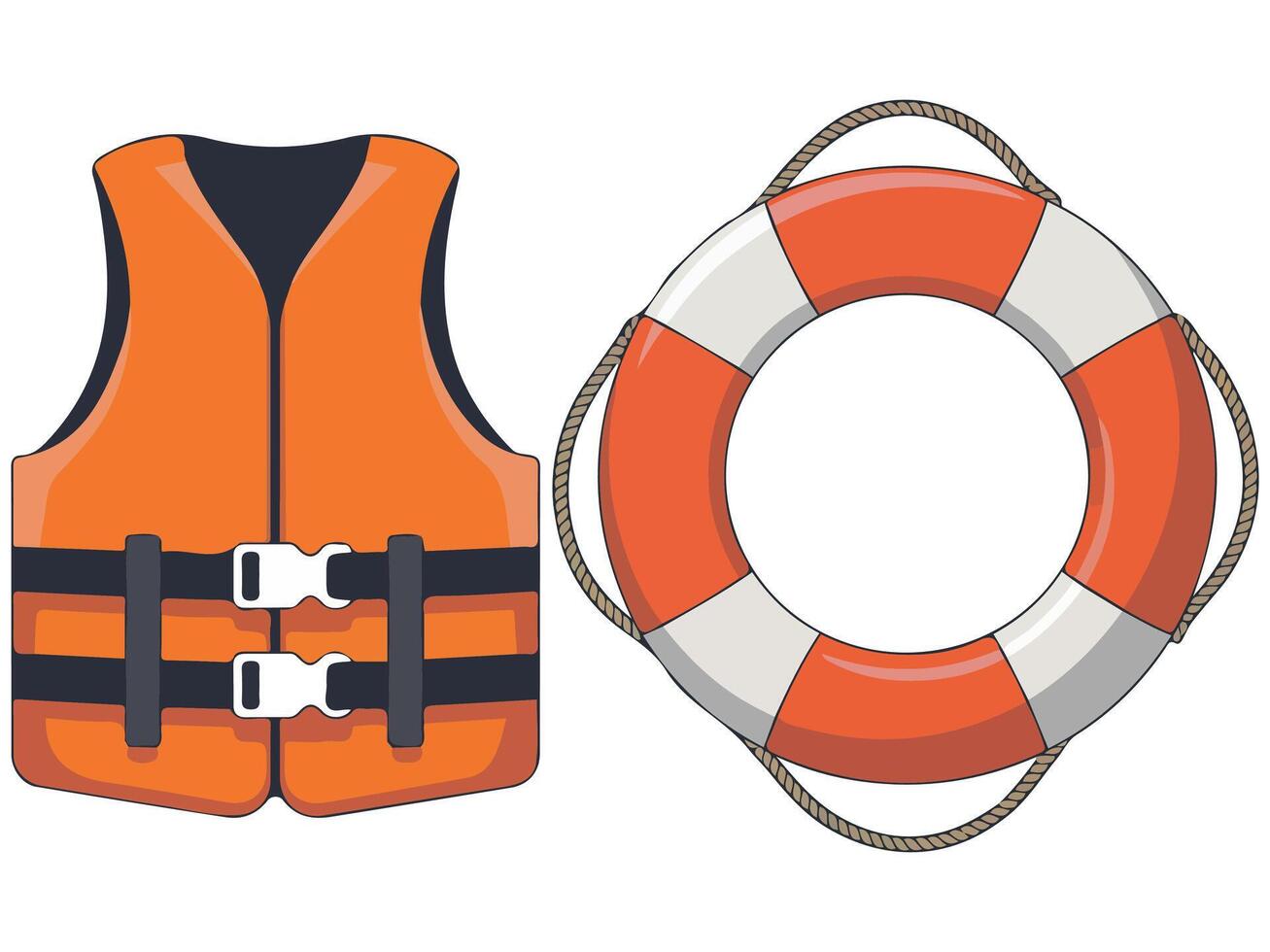 Orange life jacket and rescue buoy equipment vector
