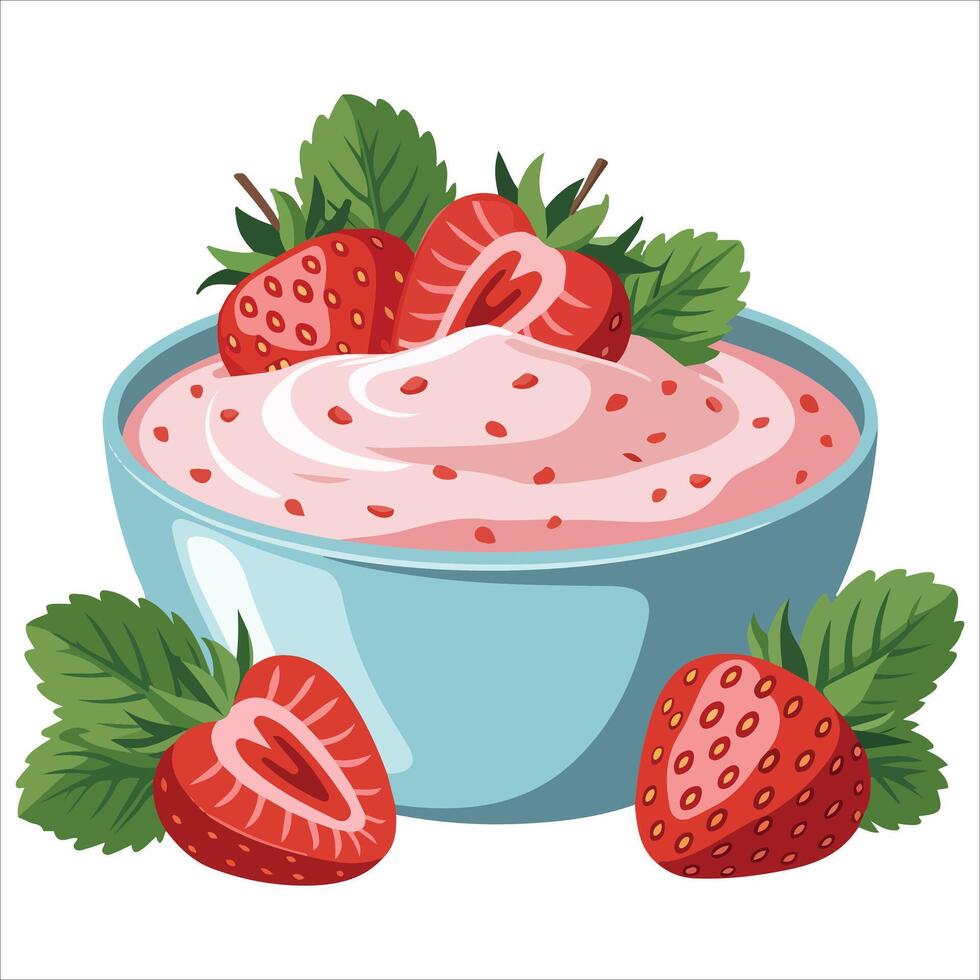 Strawberry yogurt in glass cup with spoon vector