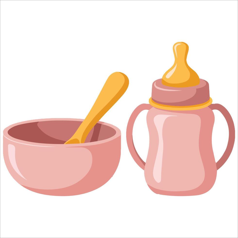 Baby feeding set with bottle and cutlery vector