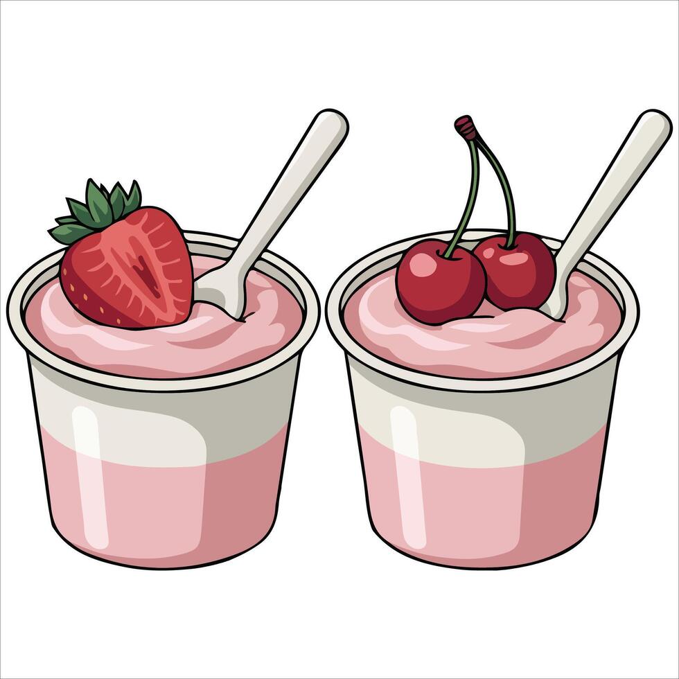 Cherry and strawberry yogurt parfait cup vector