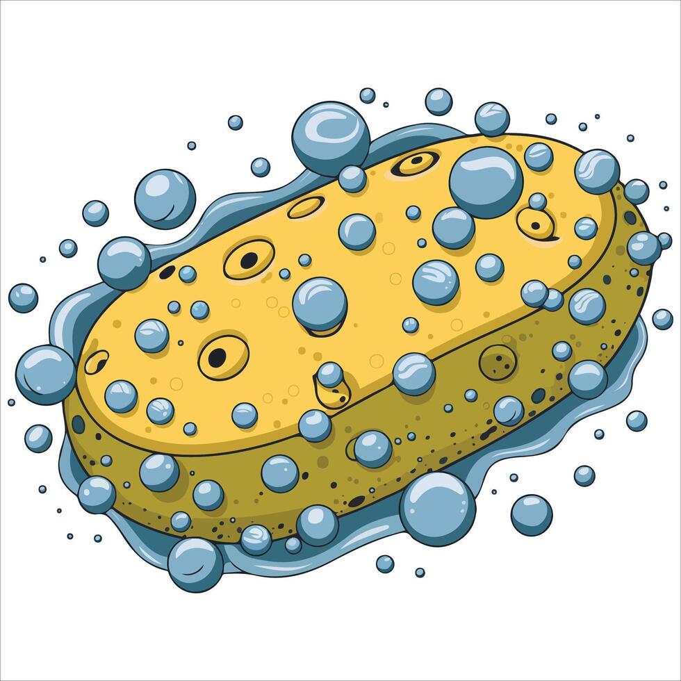 Yellow sponge with cleaning foam bubbles vector