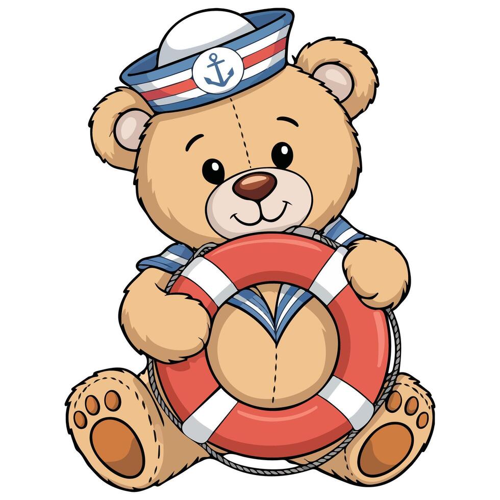 Playful sailor themed teddy bear holding floating ring isolated illustration on white background vector