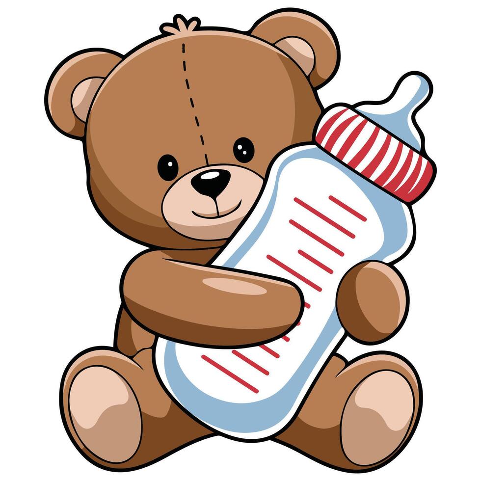 Adorable baby teddy holding milk bottle for feeding isolated illustration on white background vector