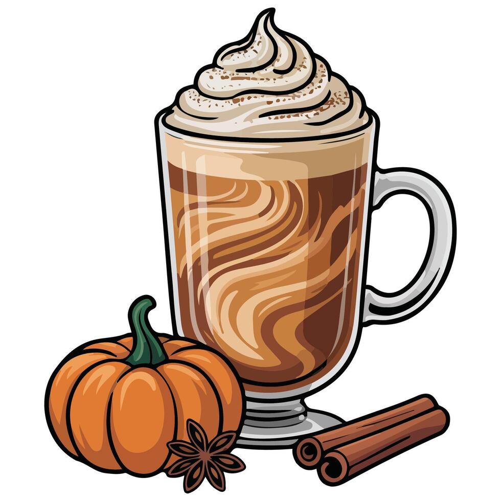 Aromatic pumpkin spice latte with creamy topping isolated illustration on white background vector