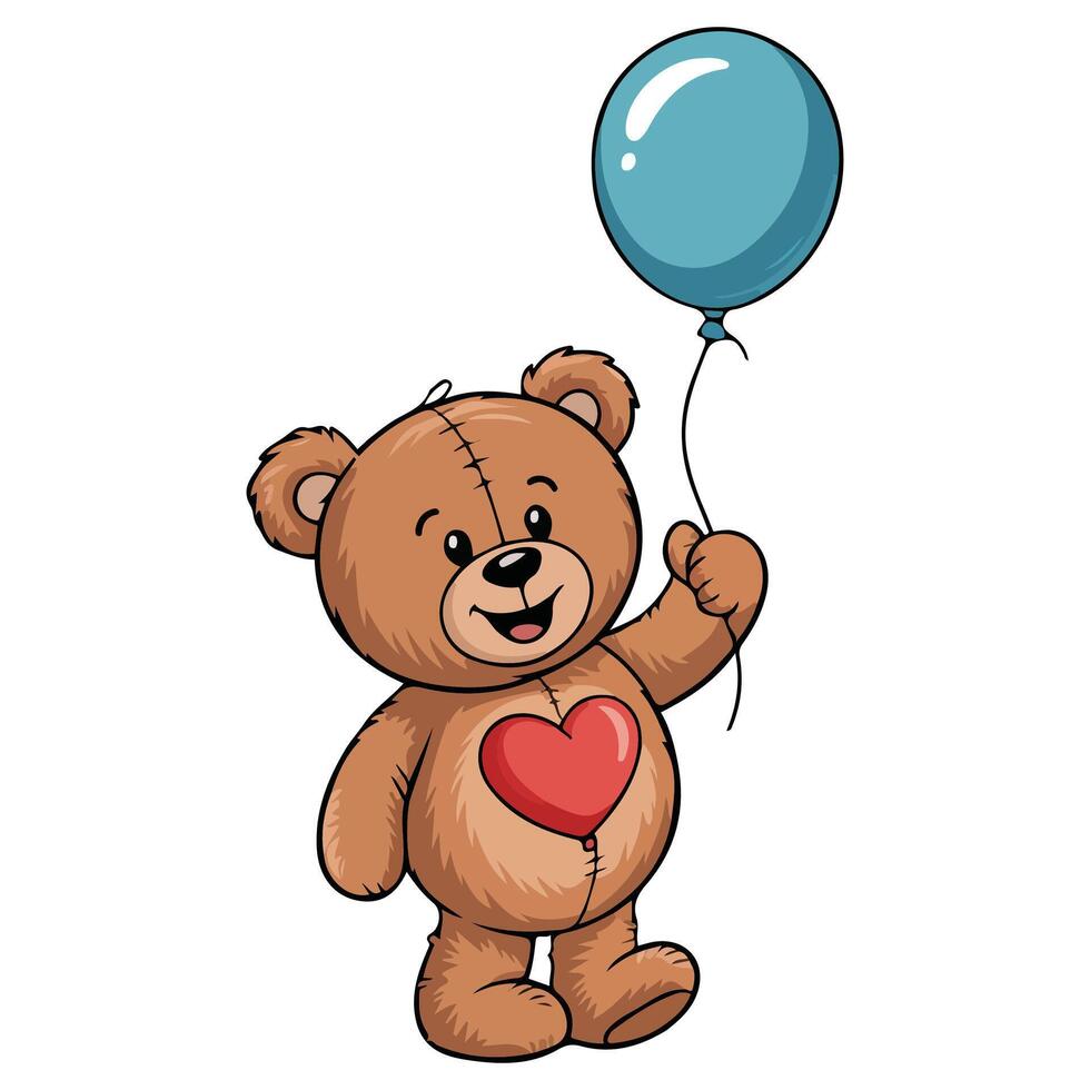 Cute teddy bear holding red heart shaped balloon isolated illustration on white background vector