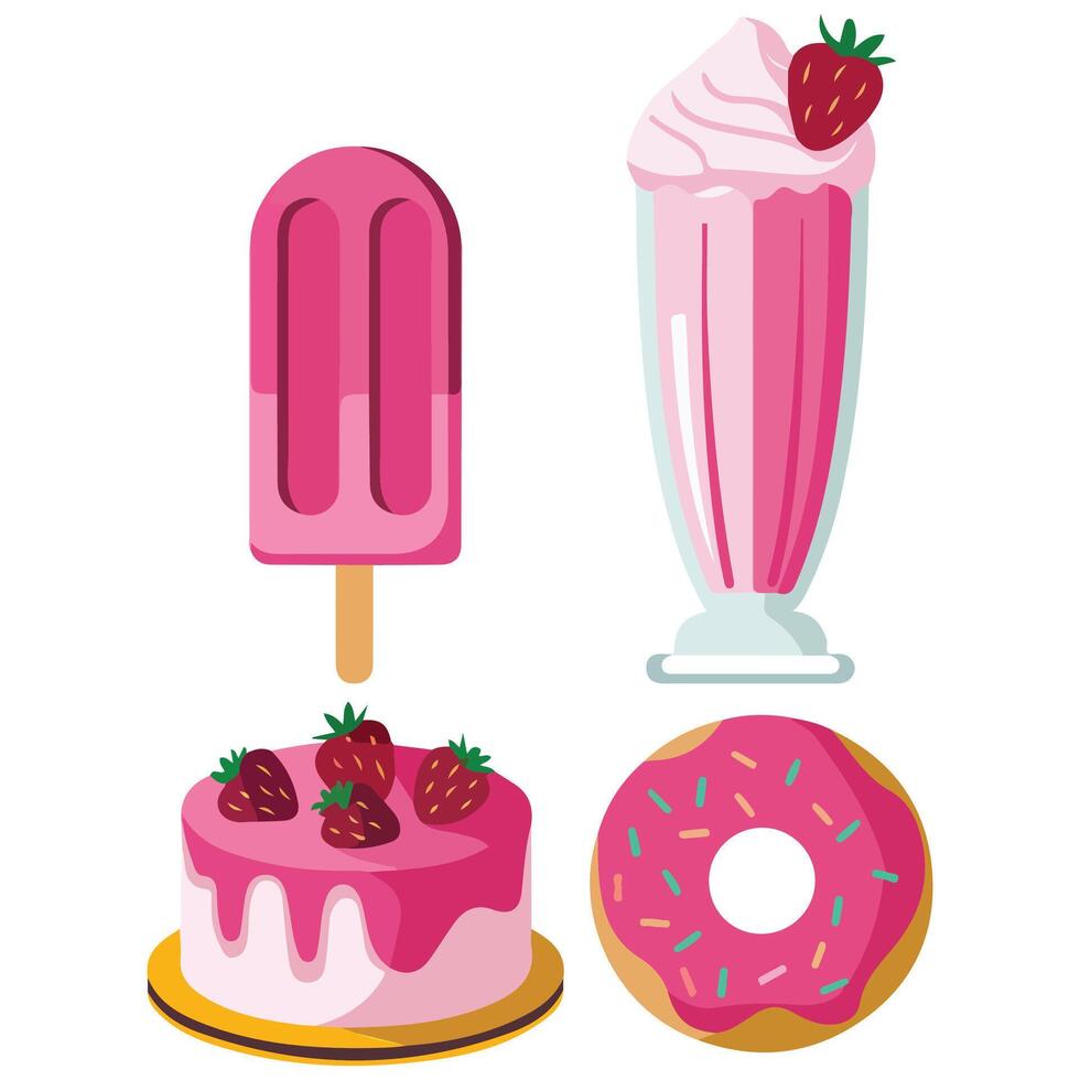 Assortment of pink colored sweet desserts and treats isolated illustration on white background vector