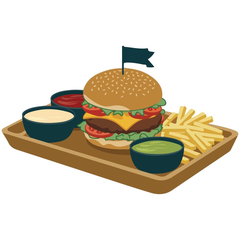 Giant juicy burger with side of golden fries isolated illustration on white background vector