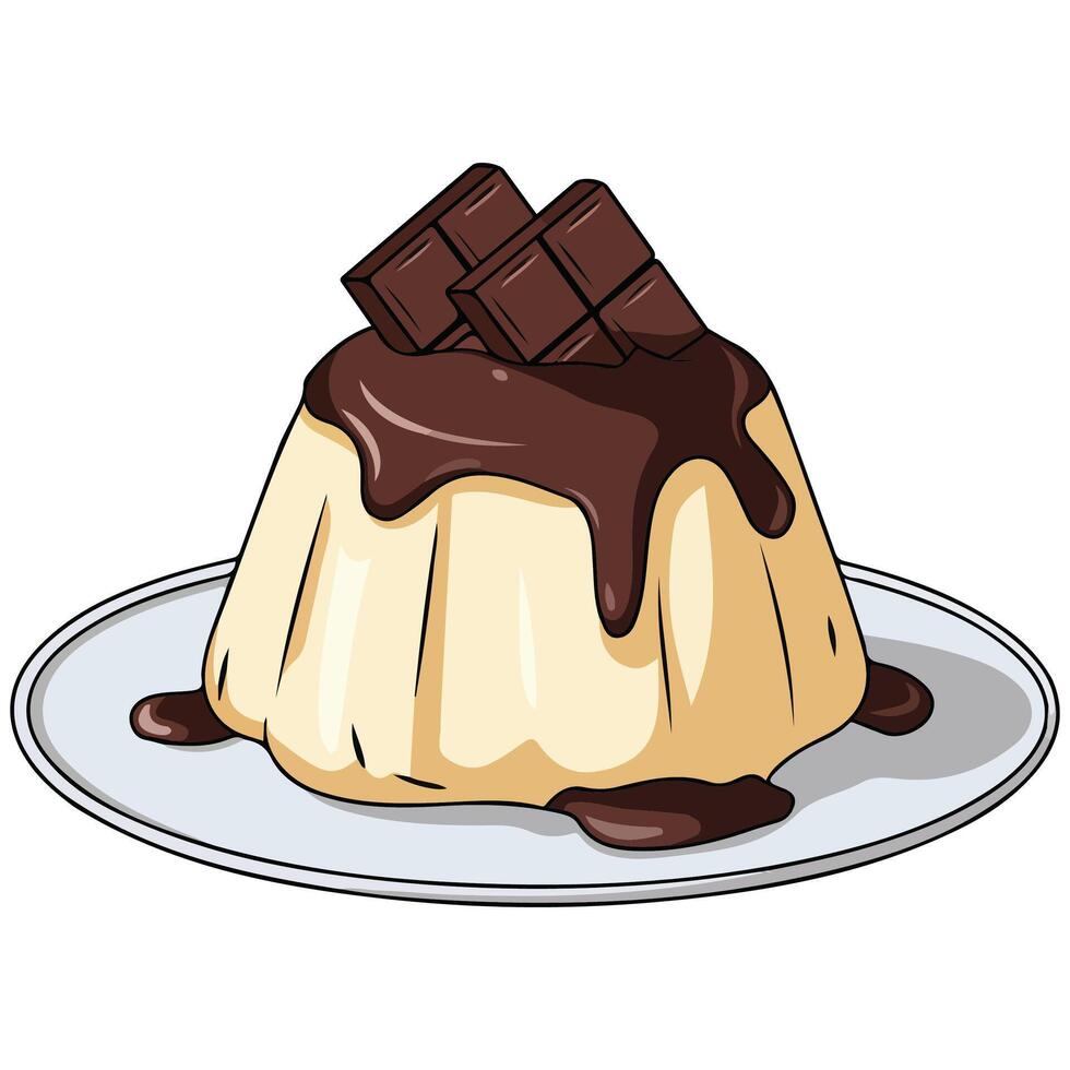 Creamy vanilla pudding with chocolate sauce topping isolated illustration on white background vector
