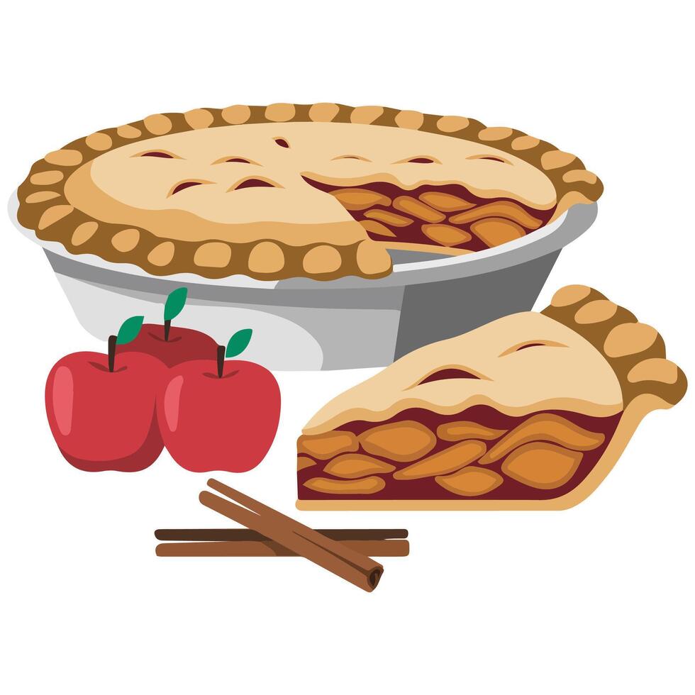 Homemade apple charlotte pie with cinnamon sticks isolated illustration on white background vector