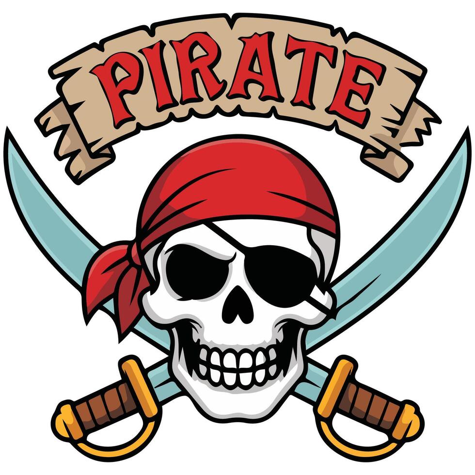 Pirate skull emblem with crossed swords design isolated illustration on white background vector