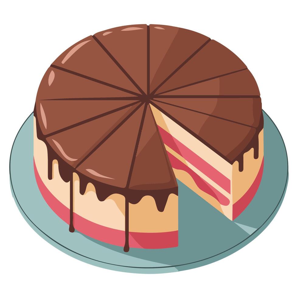 Rich chocolate tart dessert on plate isolated illustration on white background vector