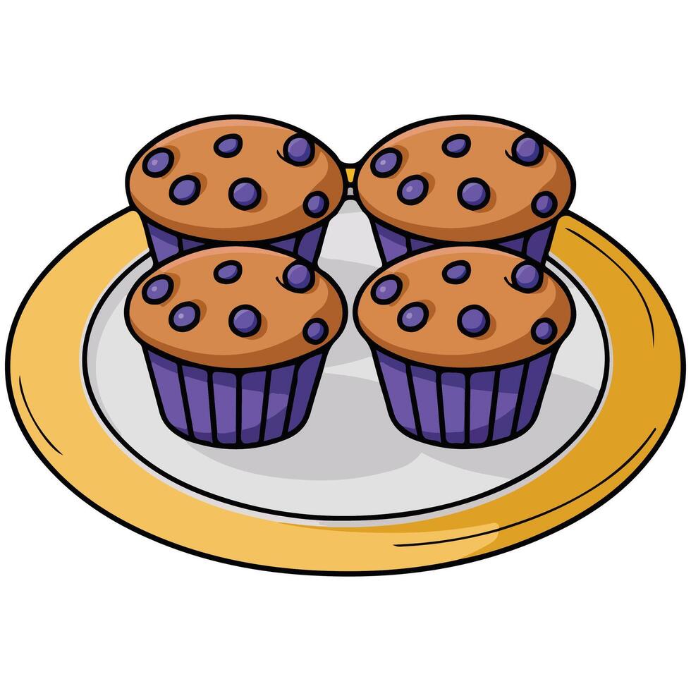 Freshly baked blueberry muffins on plate isolated illustration on white background vector