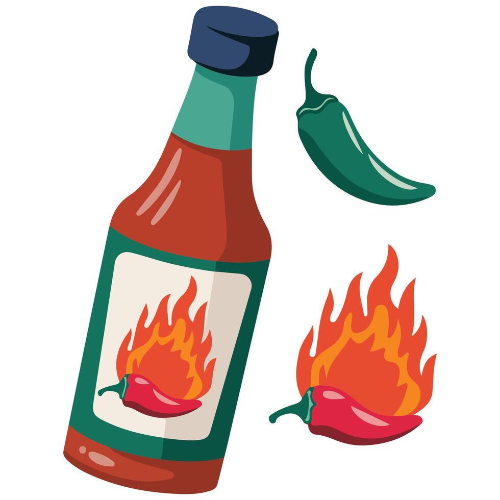 Bottle of spicy chili pepper sauce isolated illustration on white background vector