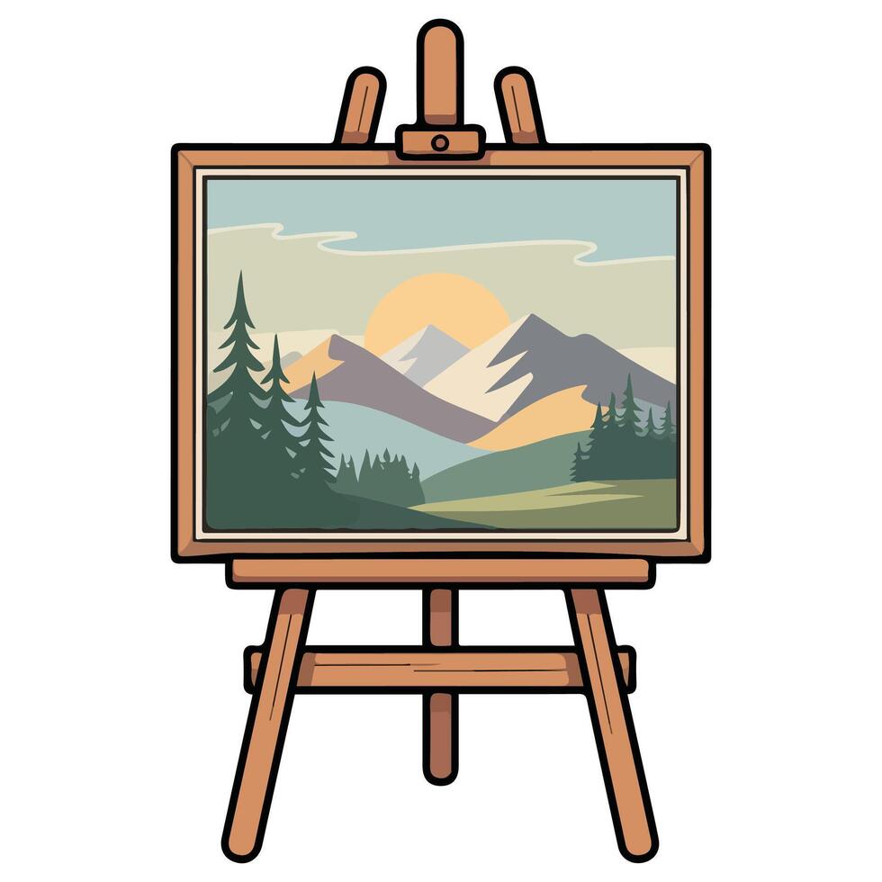 Easel with landscape painting art isolated illustration on white background vector