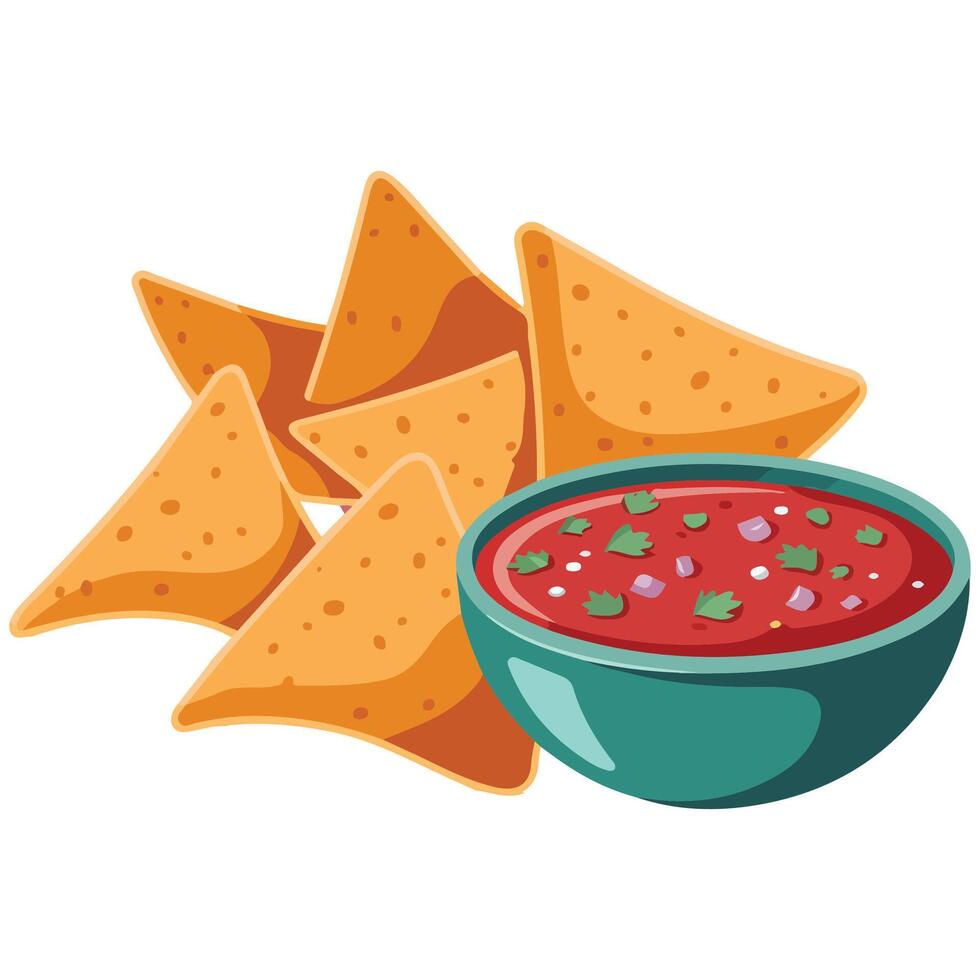 Nachos dipped in spicy red sauce isolated illustration on white background vector