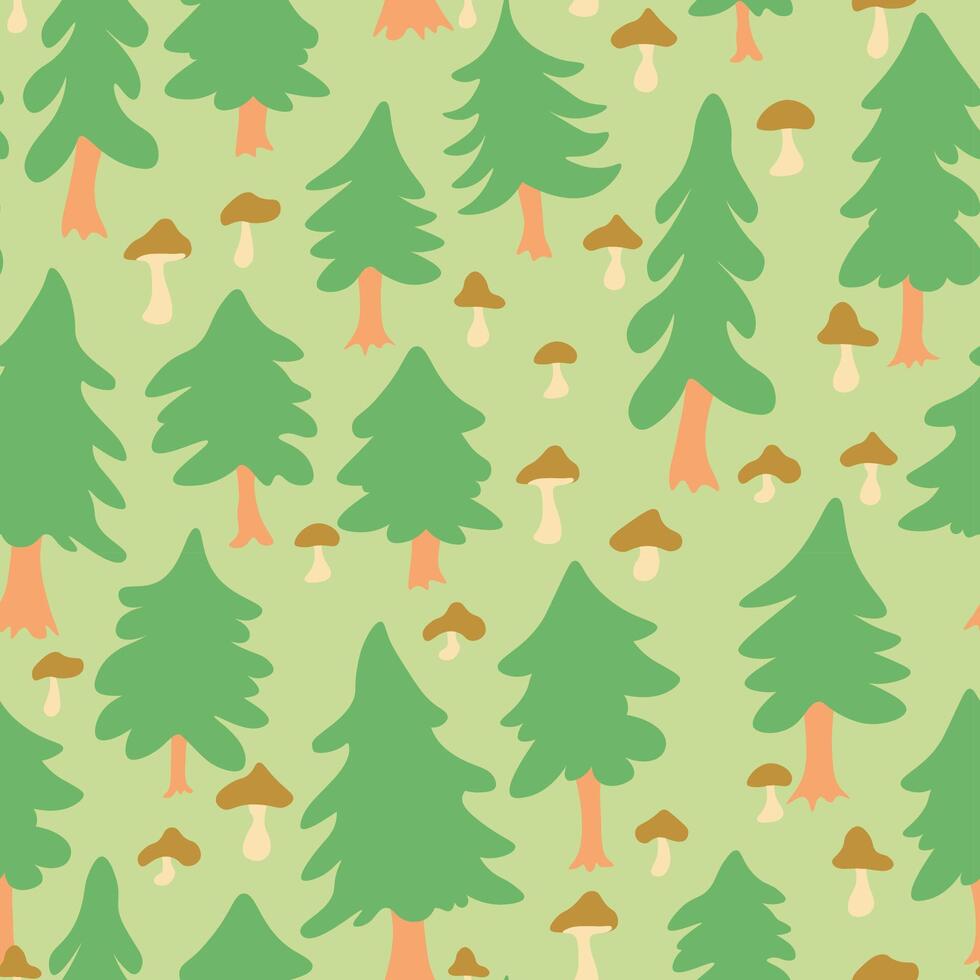 seamless pattern with fir trees and mushrooms vector