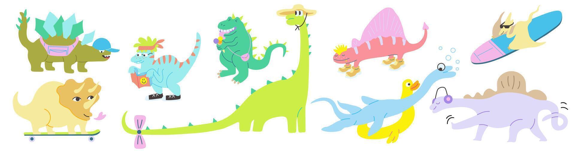 colored cute dinosaurs characters set in doodle style vector