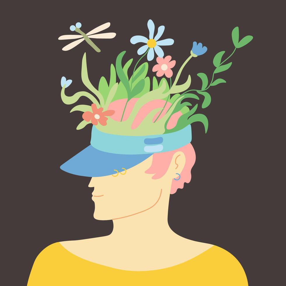 girl in cap with flowers on dark background vector