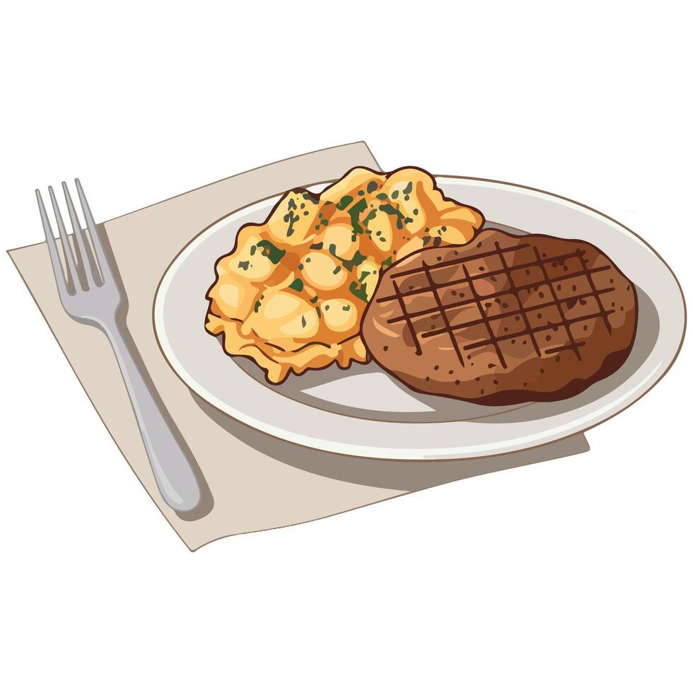 Mashed potatoes with roasted cutlet meal isolated illustration on white background vector