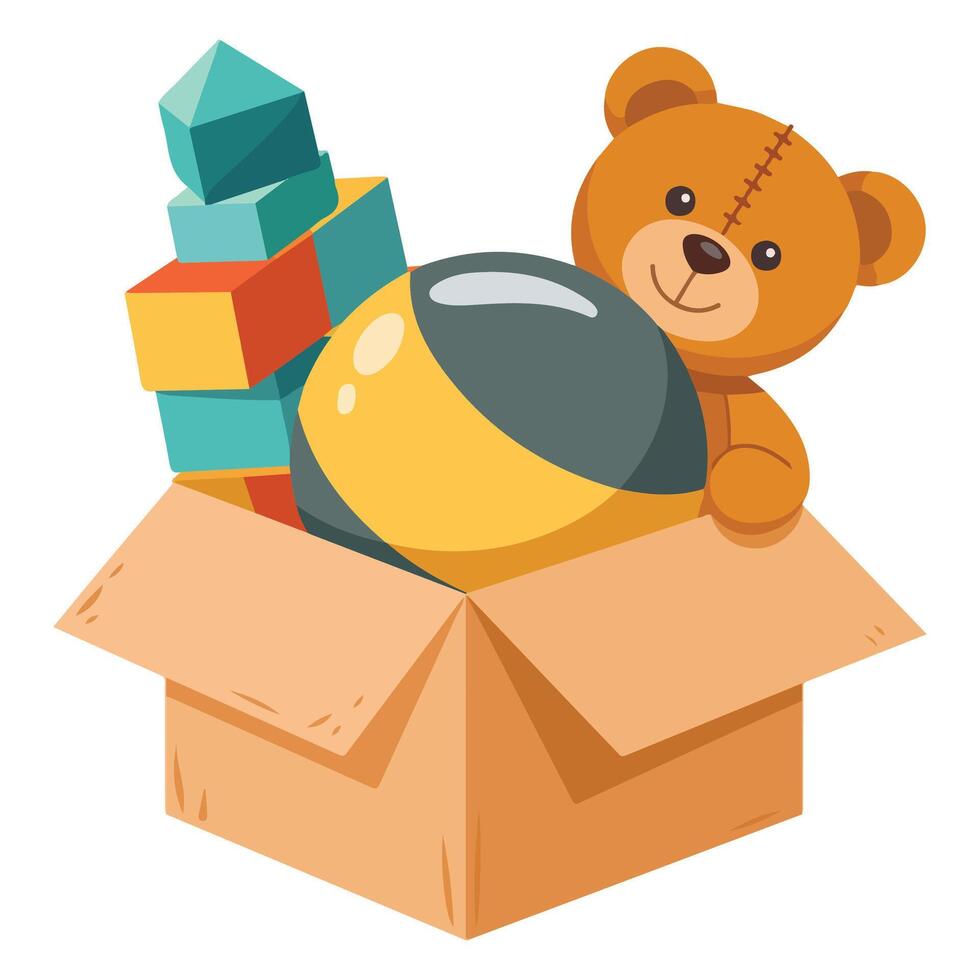 Toy box with cuddly teddy bear isolated illustration on white background vector