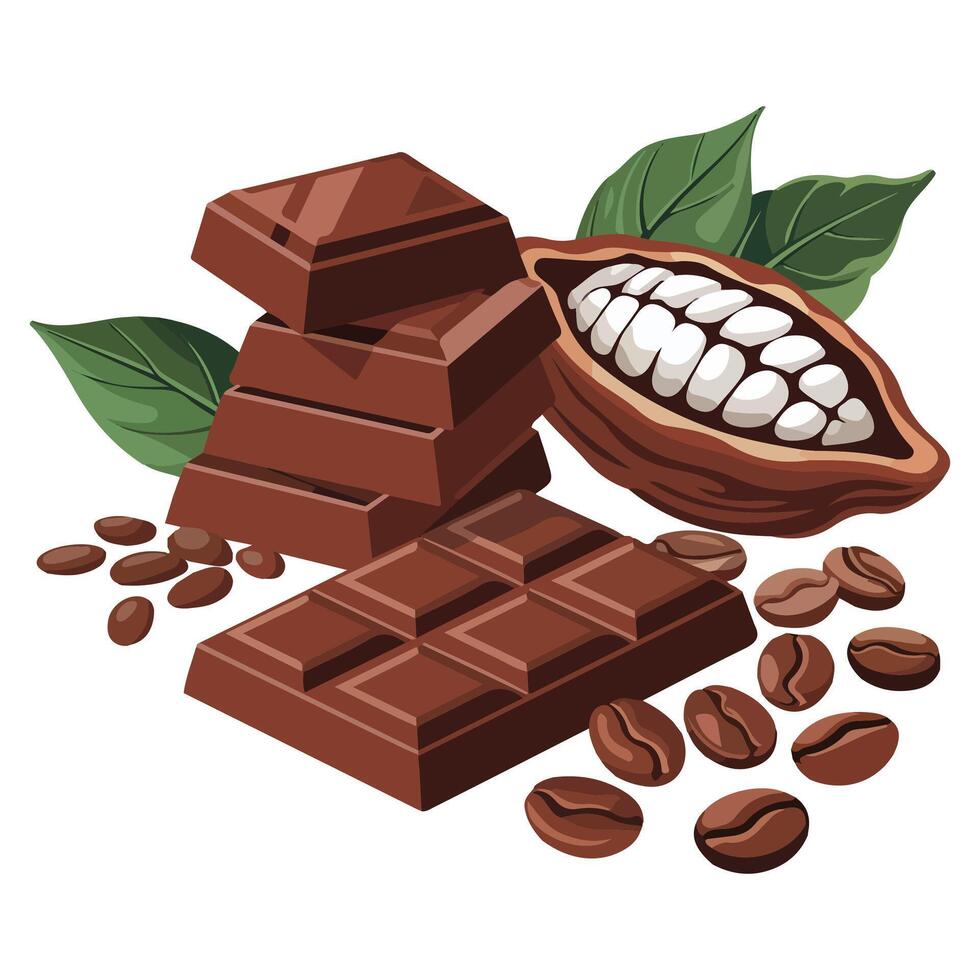 Raw cacao beans with chocolate bar isolated illustration on white background vector