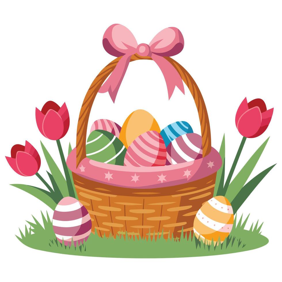 Easter basket with eggs tulips isolated illustration on white background vector