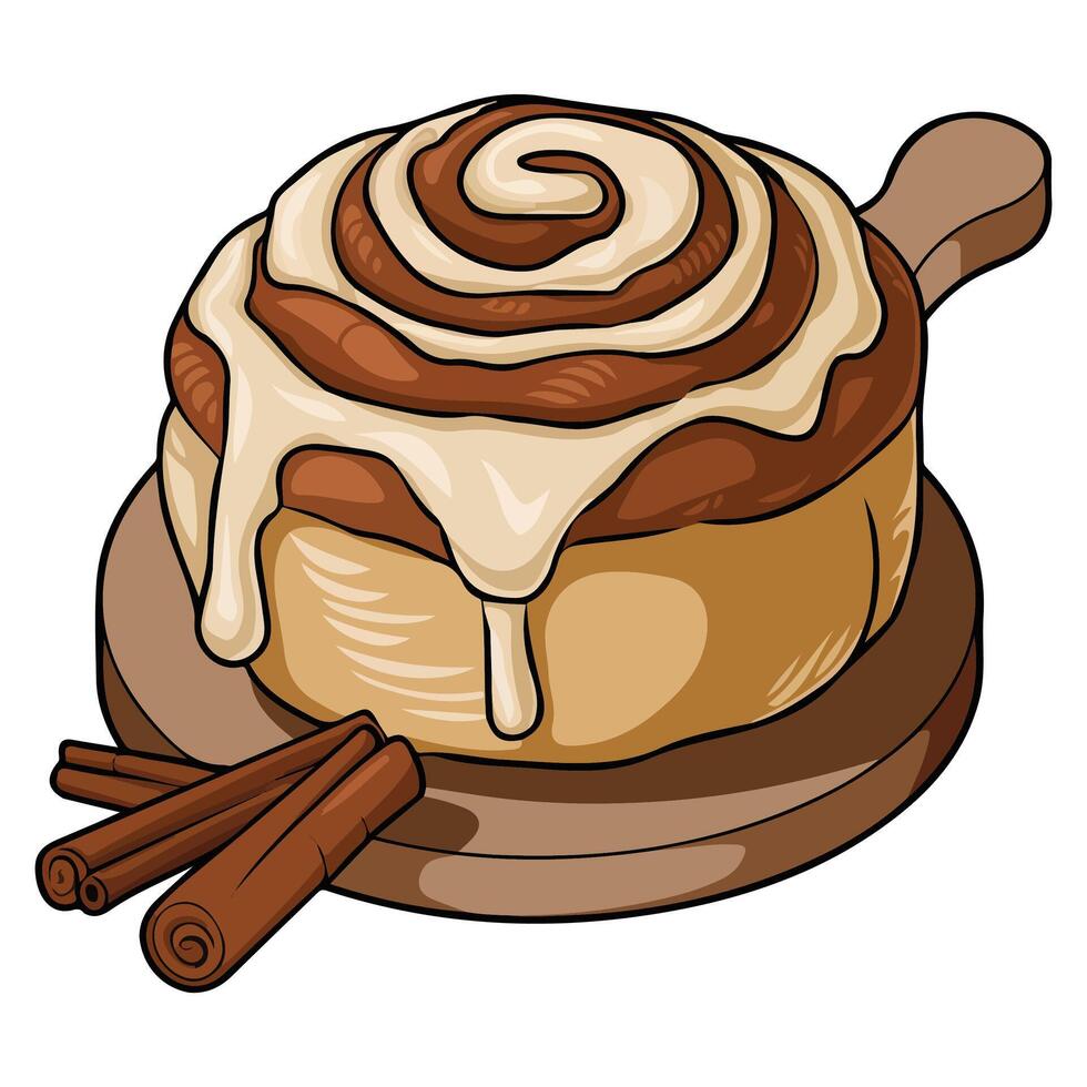Cinnamon bun with icing sweet isolated illustration on white background vector
