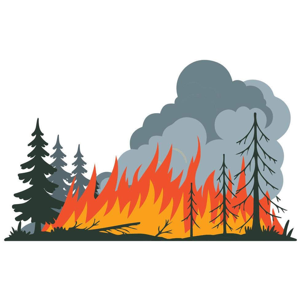 Burning woodland scenery with flames isolated illustration on white background vector