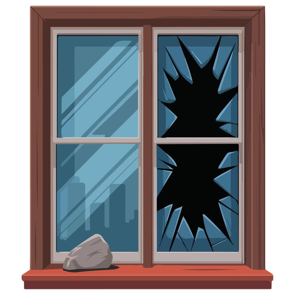 Broken window with rock isolated illustration on white background vector