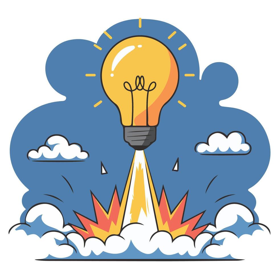Flying lightbulb rocket isolated illustration vector