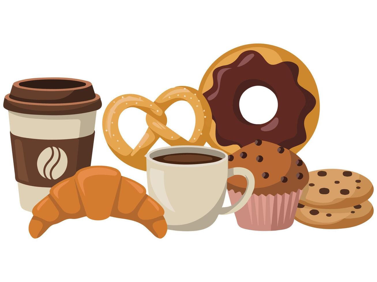 Bakery items and hot drink set isolated illustration vector