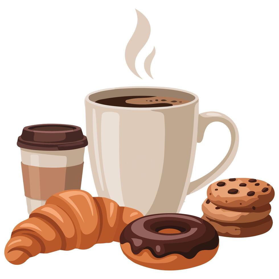 Delicious desserts with beverage isolated illustration vector