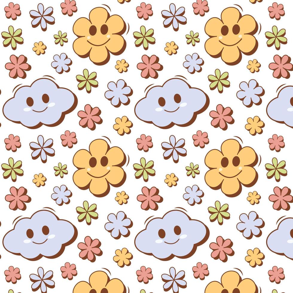 A whimsical, seamless pattern, smiling flowers in bright shades of yellow, pink, purple and green, each with cute, expressive faces and happy clouds of pale blue tones. vector