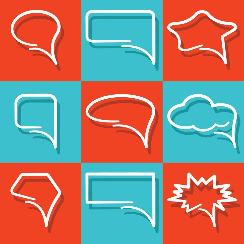 A set of dialog white bubbles for text, chat, message windows on a background of red and blue squares. vector