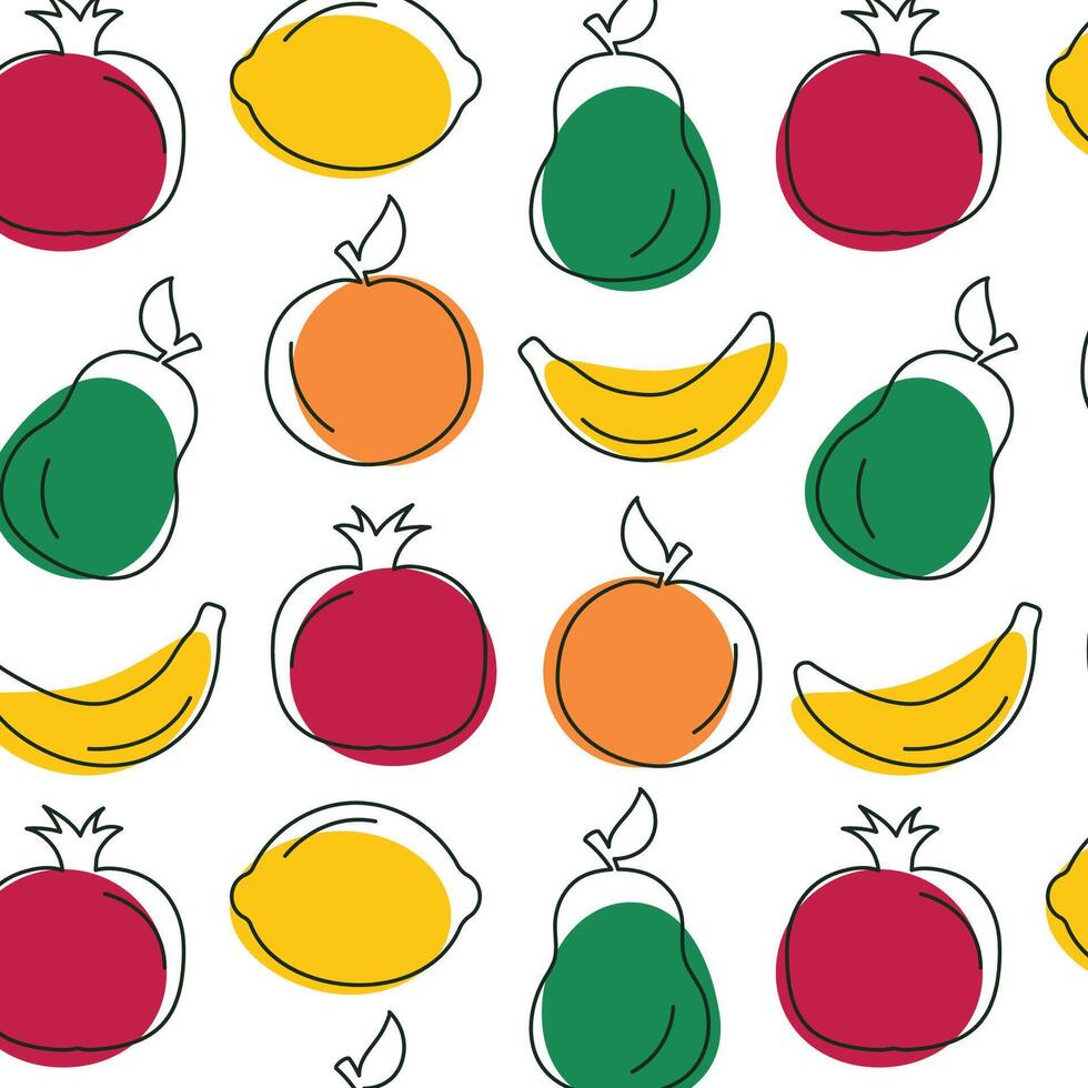 Seamless pattern of various colorful fruits bananas, lemons, oranges, pomegranates and pears. vector