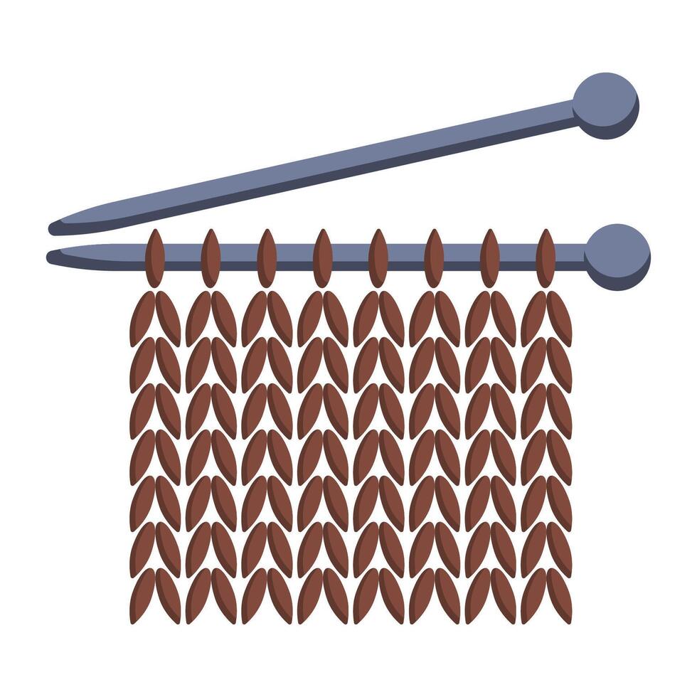 Stylized illustration icon emblem depicting two knitting needles and brown yarn forming a neat stitch pattern. vector
