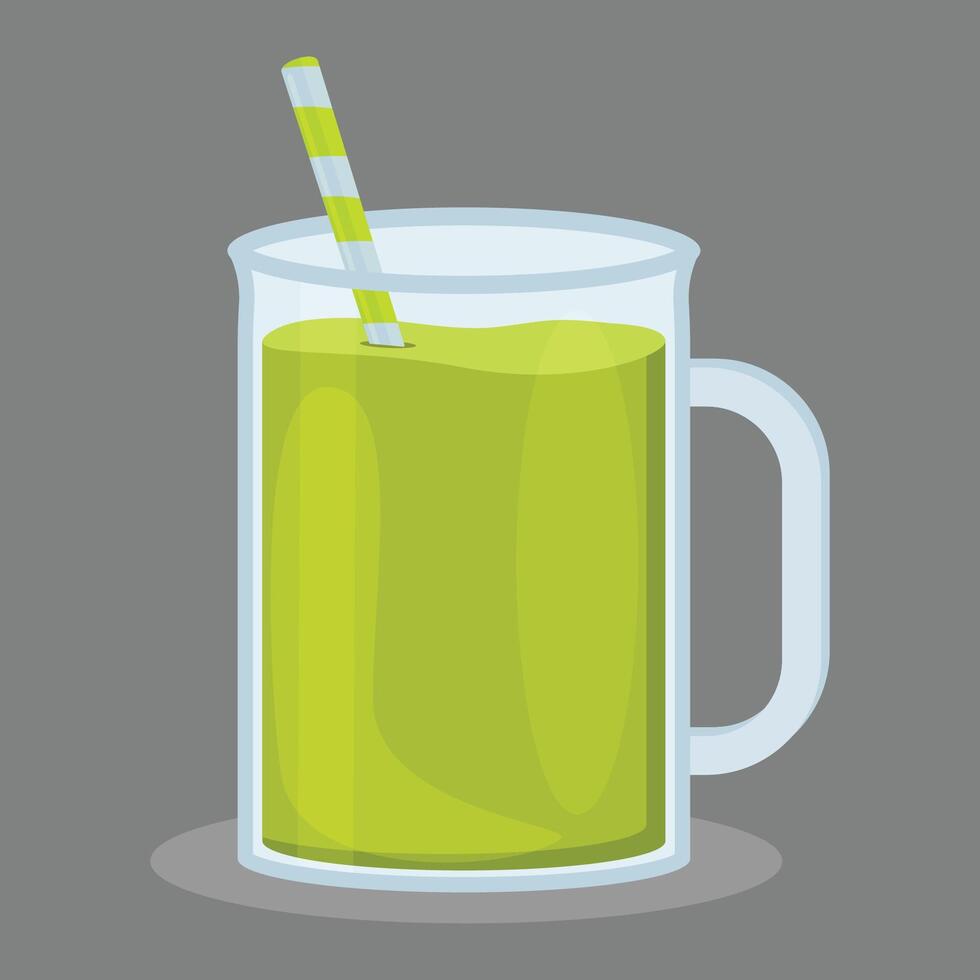 A glass mug filled with a bright green drink, smoothie or juice, with a striped straw in green and blue tones. vector