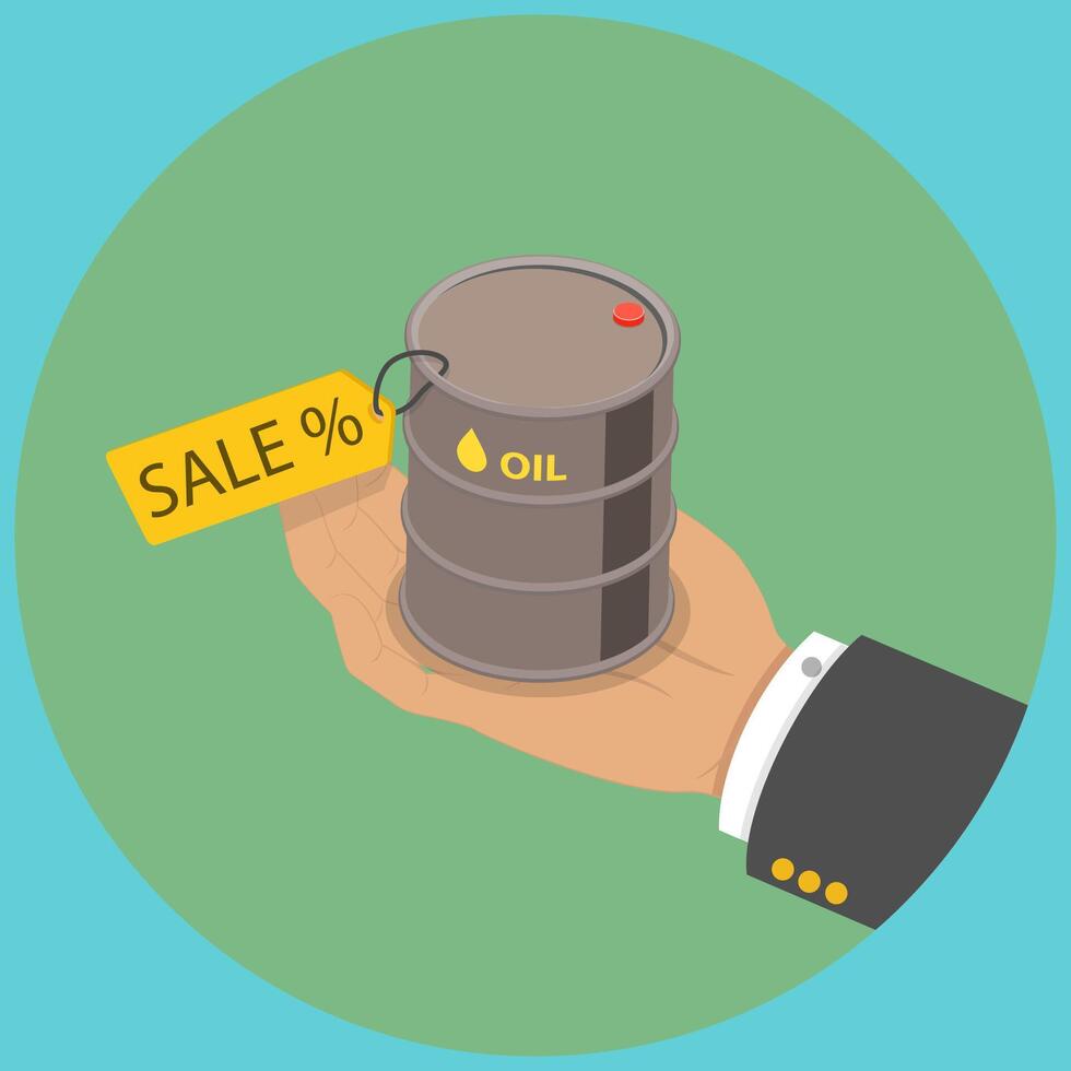 3D Isometric Flat Illustration of Sale Of Petroleum Products, Large Hand Gripping Oil Drum vector