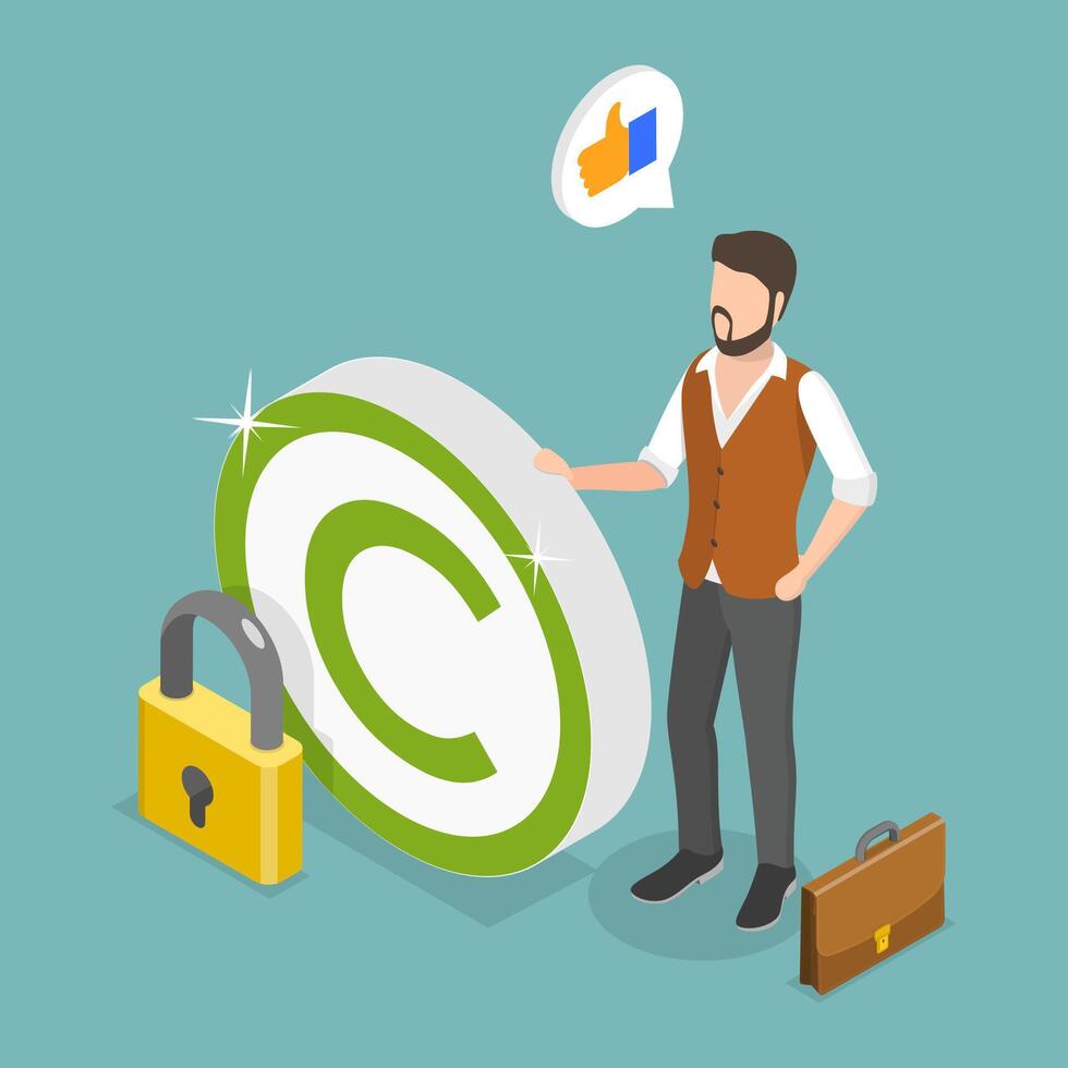 3D Isometric Flat Illustration of Patented Protection, Entrepreneur Displays Intellectual Property Sign Secured with Padlock vector