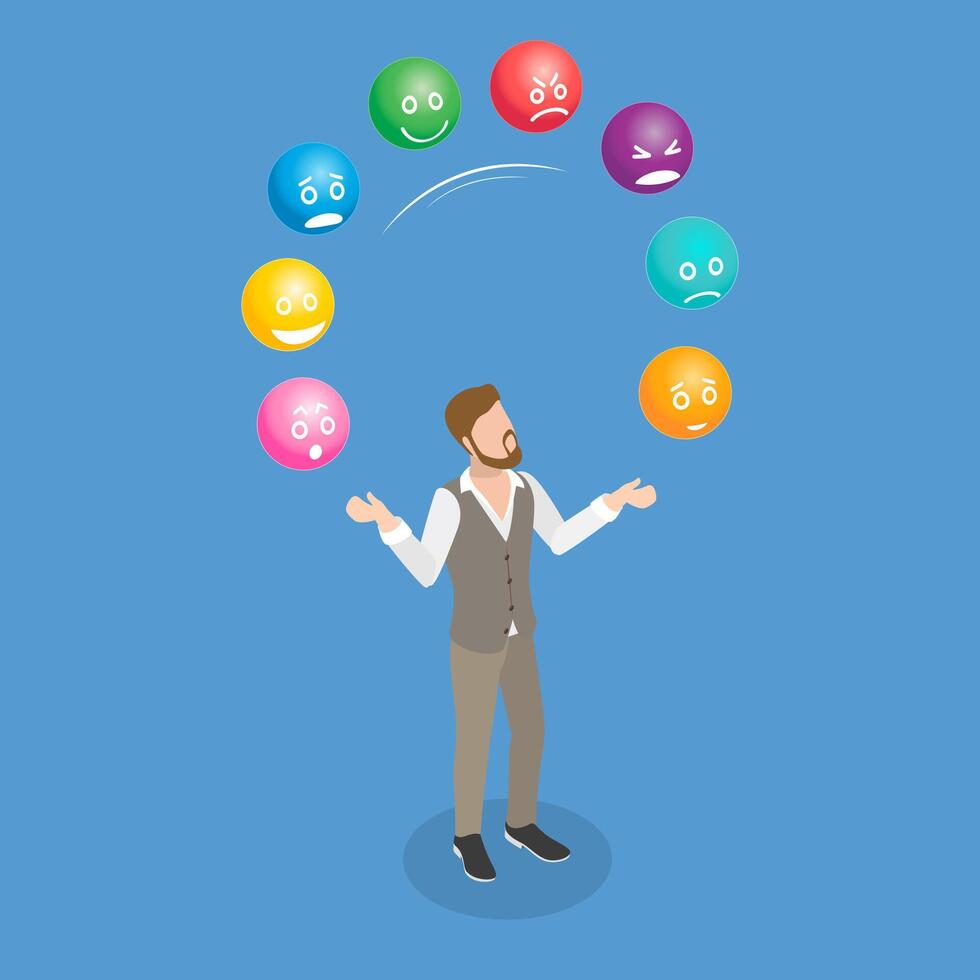 3D Isometric Flat Illustration of Juggling Emotions, Emotional Intelligence, Balancing Multiple Responsibilities and Situations vector