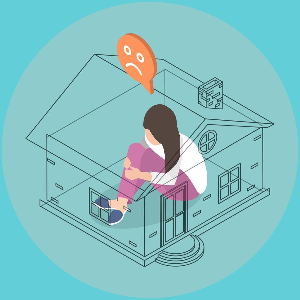 3D Isometric Flat Illustration of Self-isolation At Home, Lonely Young Woman Isolating Herself at Home in a State of Unhappiness vector