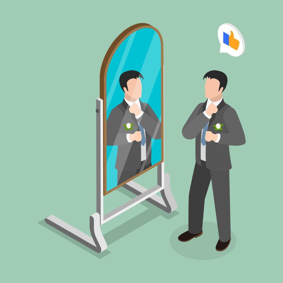 3D Isometric Flat Illustration of Wedding Ceremony, Man in Formal Suit Getting Ready for Work or Wedding Ceremony in Front of Mirror vector