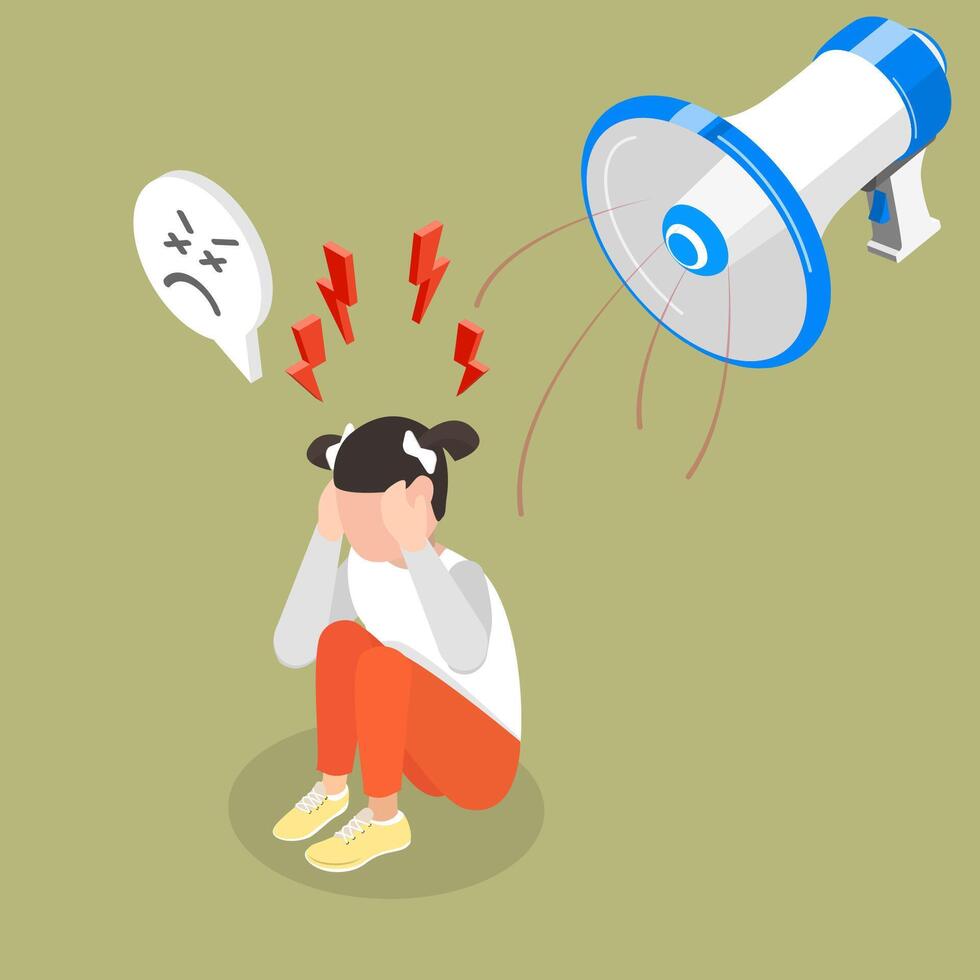 3D Isometric Flat Illustration of Symptom Of Autism Spectrum Disorder, Discomfort and Distress in Noisy Environment vector