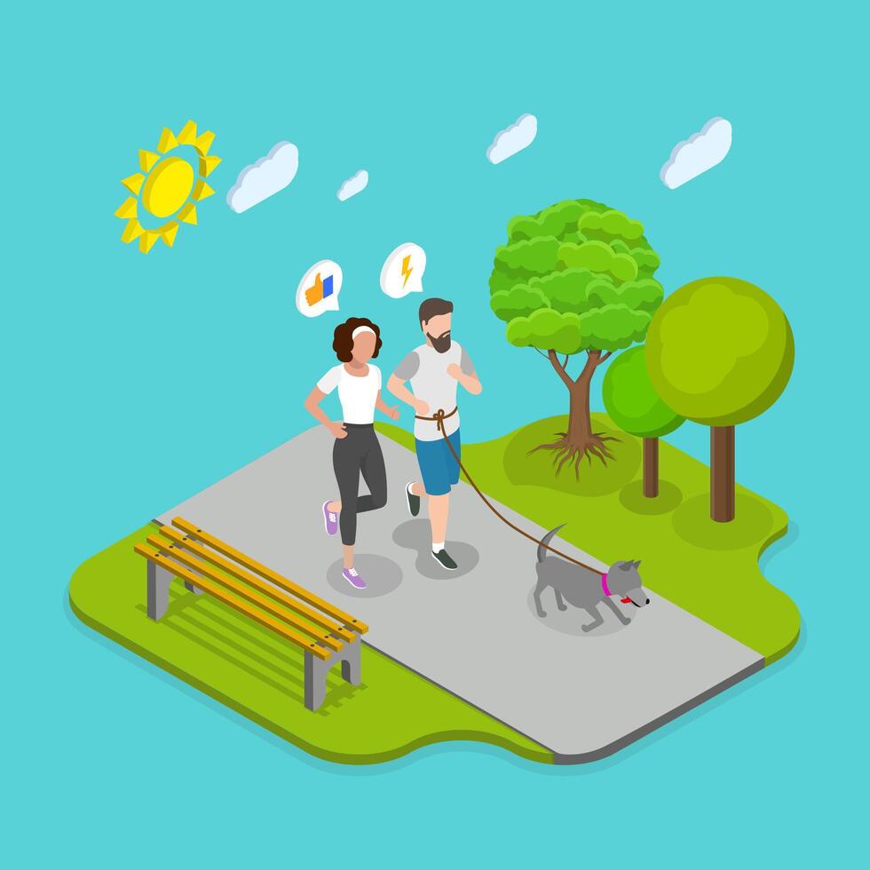 3D Isometric Flat Illustration of Jogging Together, Couple and Dog Running in Park in Sportswear vector